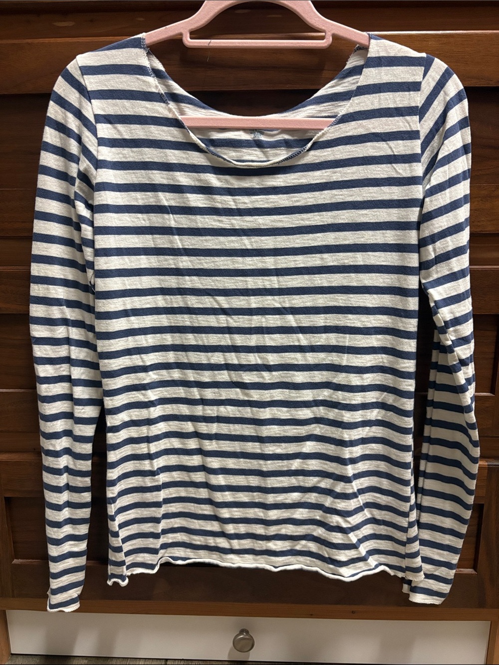 Brandy Melville Striped Long-Sleeve Boatneck Top in Blue and Oatmeal